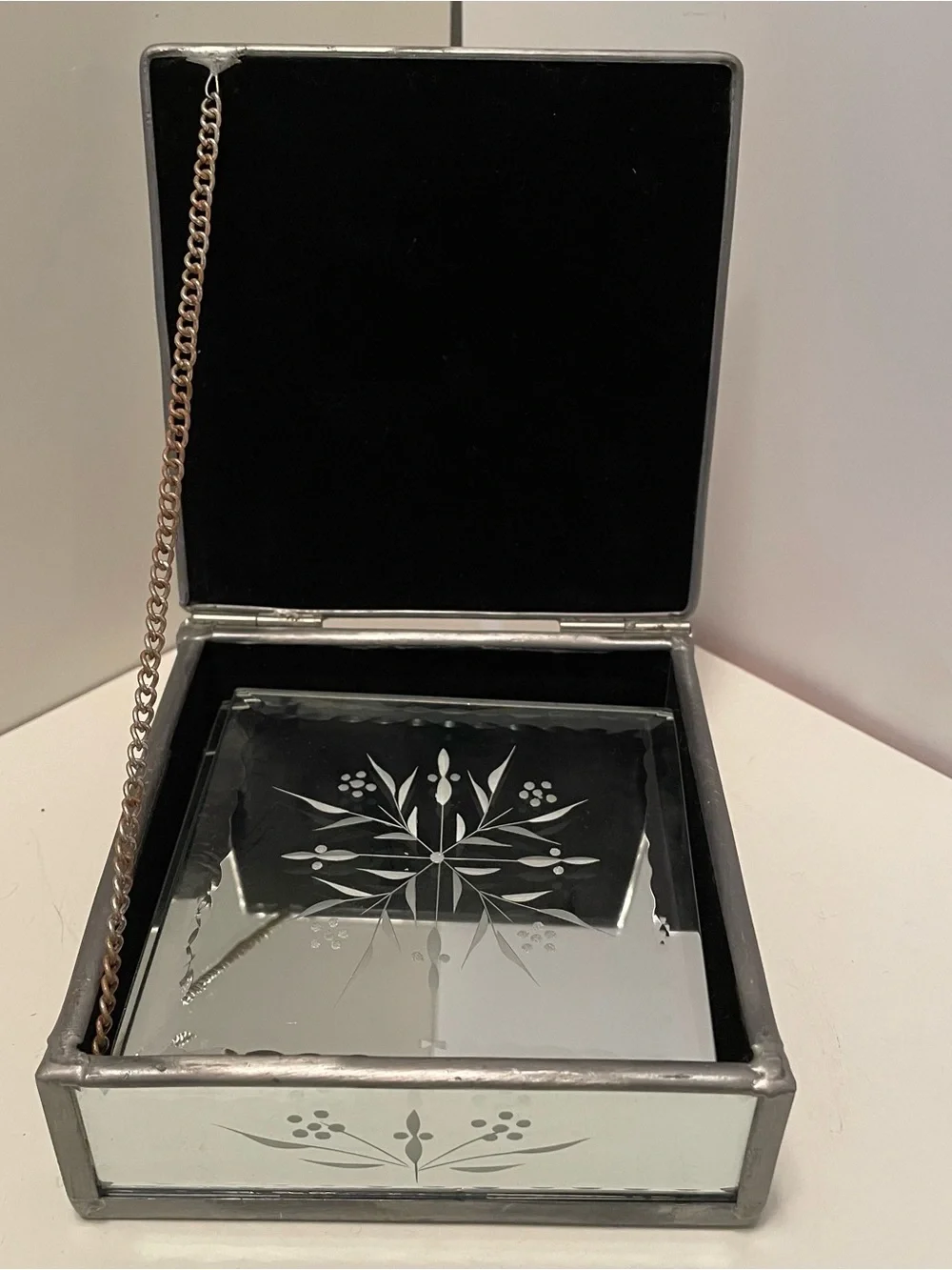 Vintage Venetian Etched Mirrored Glass Box With Coasters (4) Trinket Jewelry